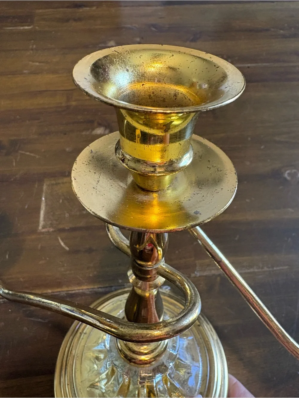 Vintage Teleflora 3 Arm Knotted Brass Gold Pressed Glass Candelabra Centerpiece